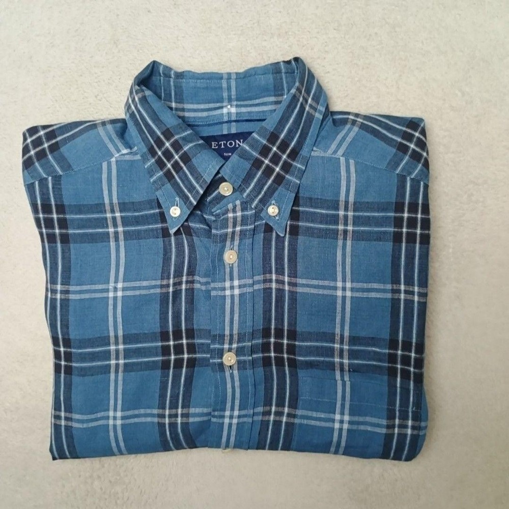 Eton Shirt Mens L 16 Blue Plaid Button-Up Slim Fit Linen Short Sleeve Sweden